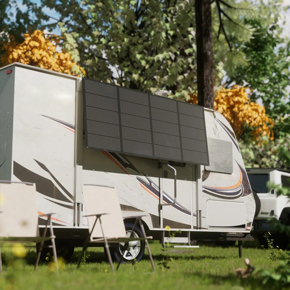 RV rooftop air conditioner running from portable power station campsite setup