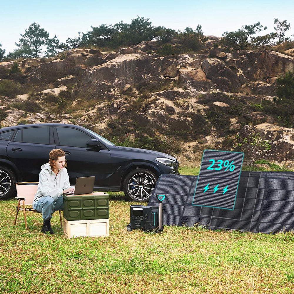Complete RV off-grid cooling setup with battery and solar system