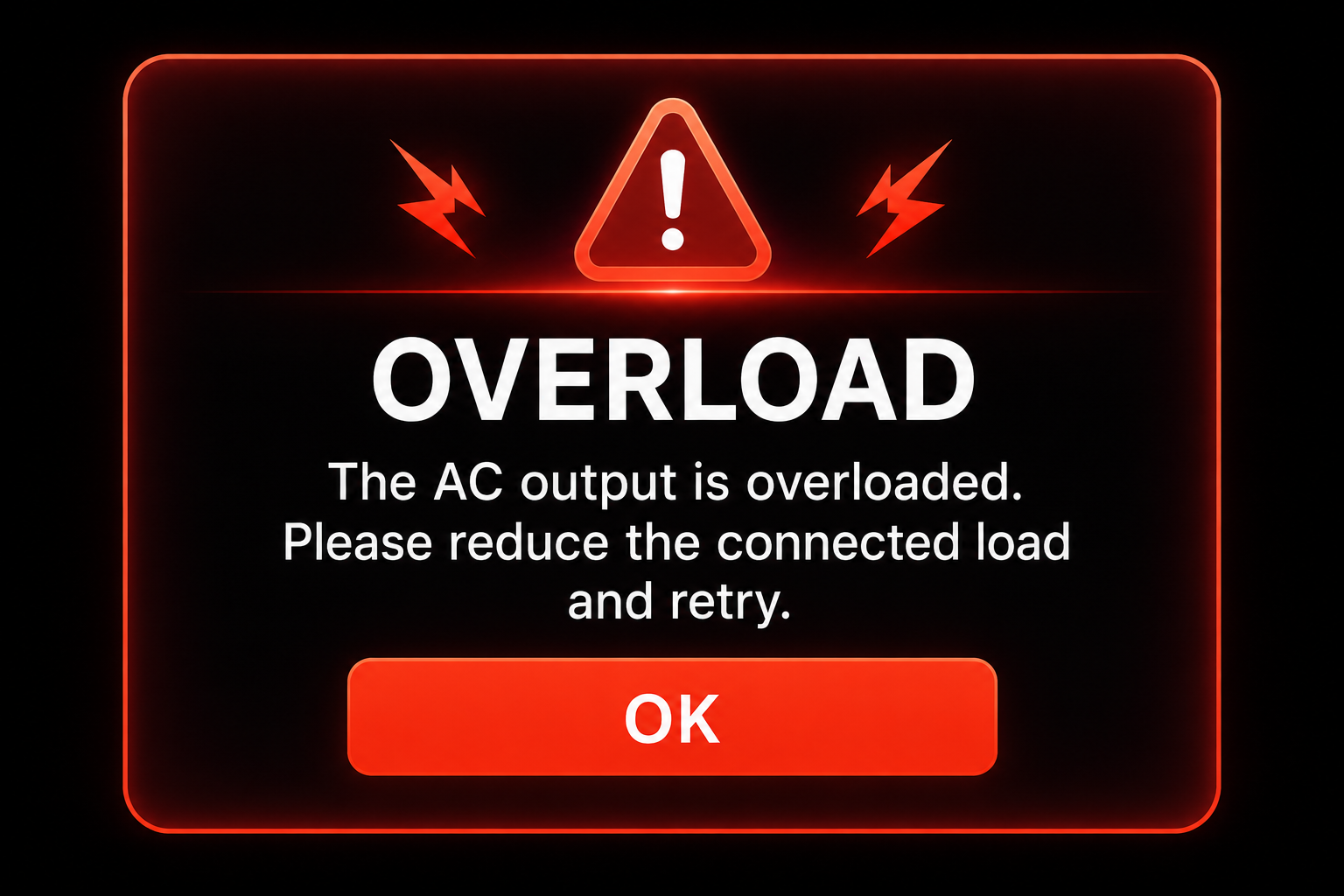 Portable power station display showing overload during RV AC startup